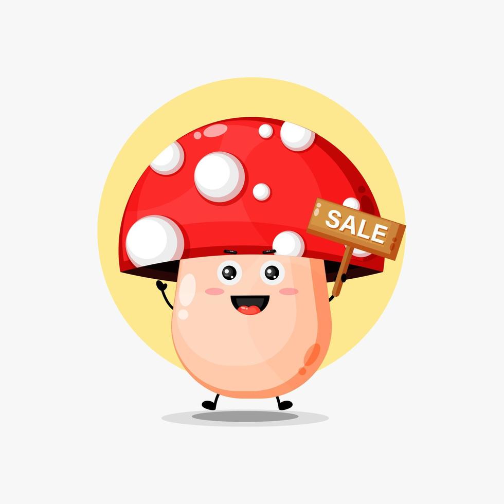 Cute mushroom character with sale sign vector