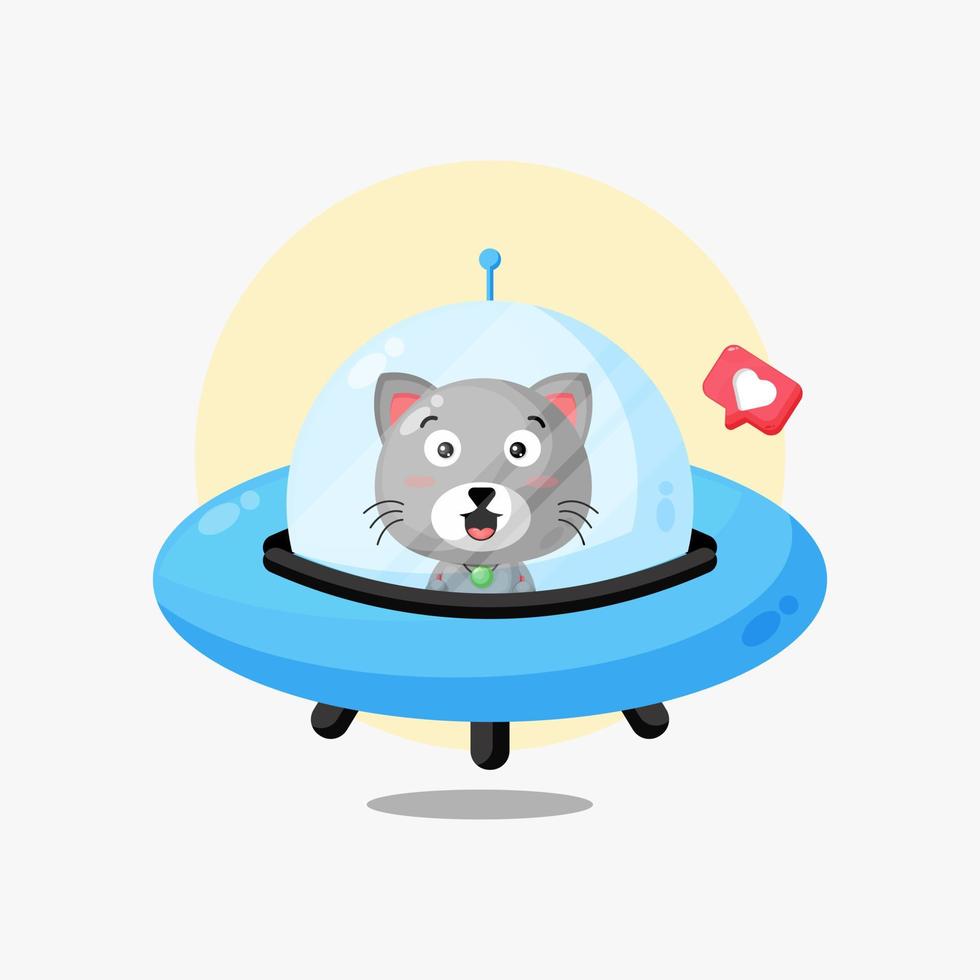 lindo gato conduciendo nave espacial ovni icono ilustración vector