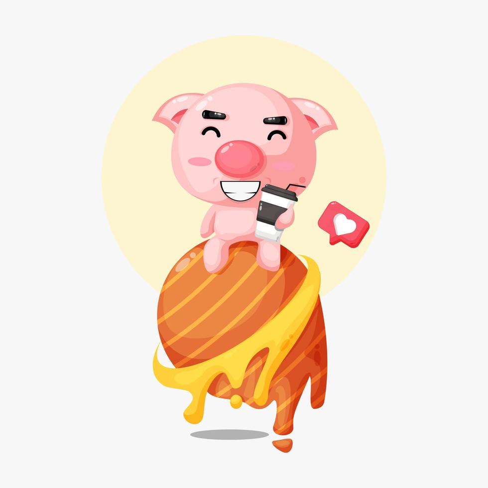 Cartoon illustration of cute pig drinking coffee over the planet vector