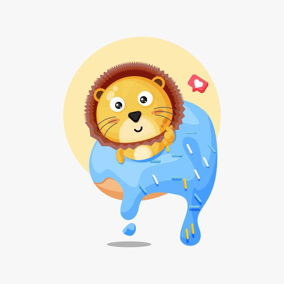 lindo león en un icono de dibujos animados de donas vector