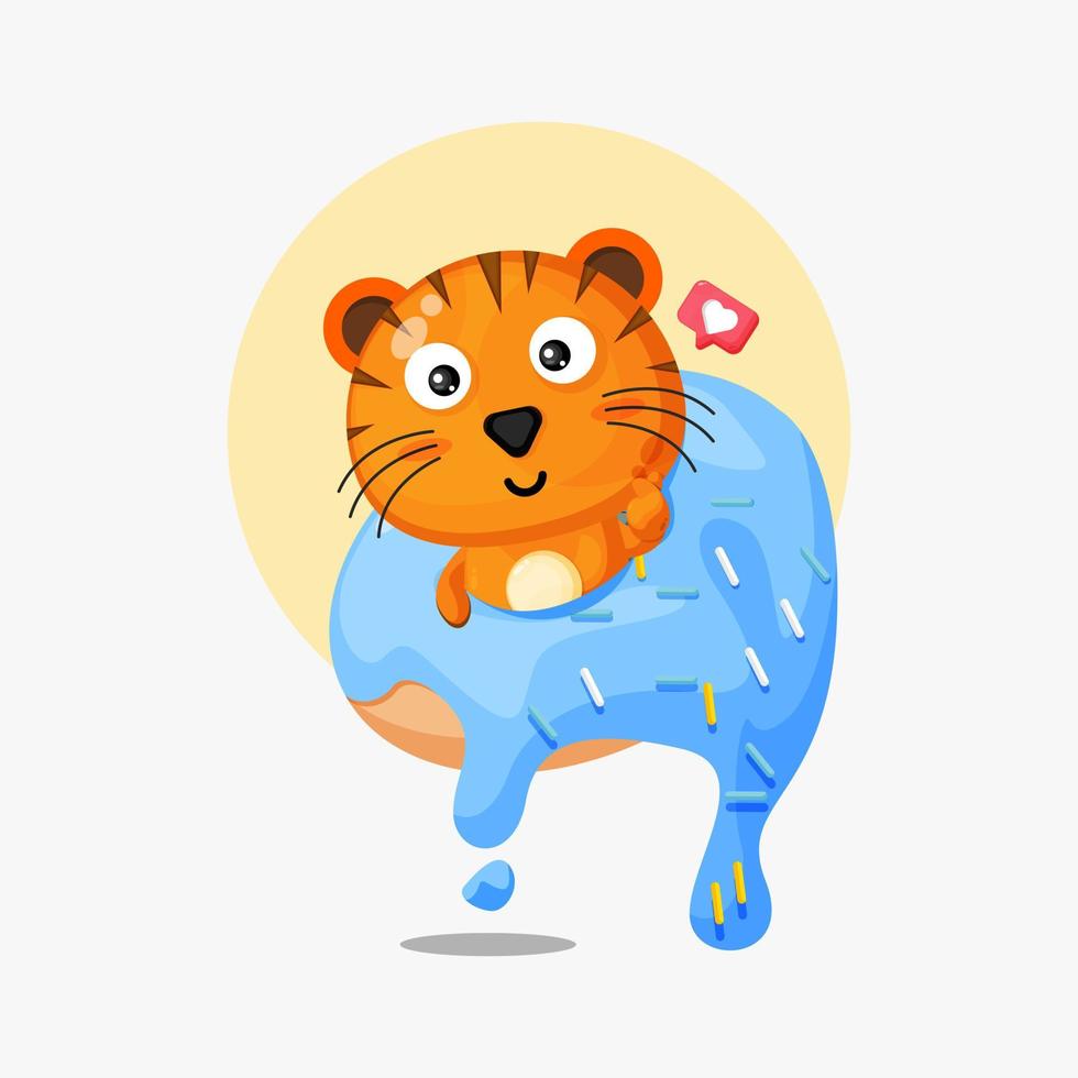 Cute tiger on a donut cartoon icon vector