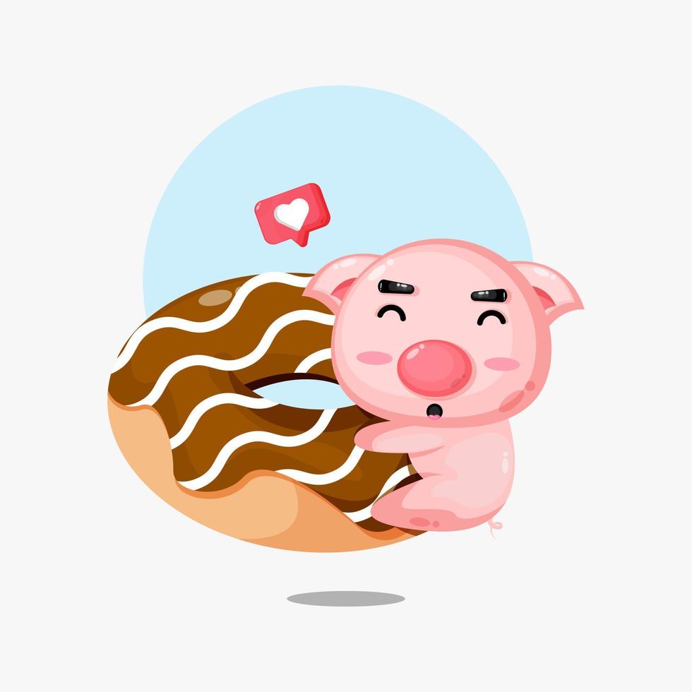 Cute pig hug doughnut cartoon vector icon illustration