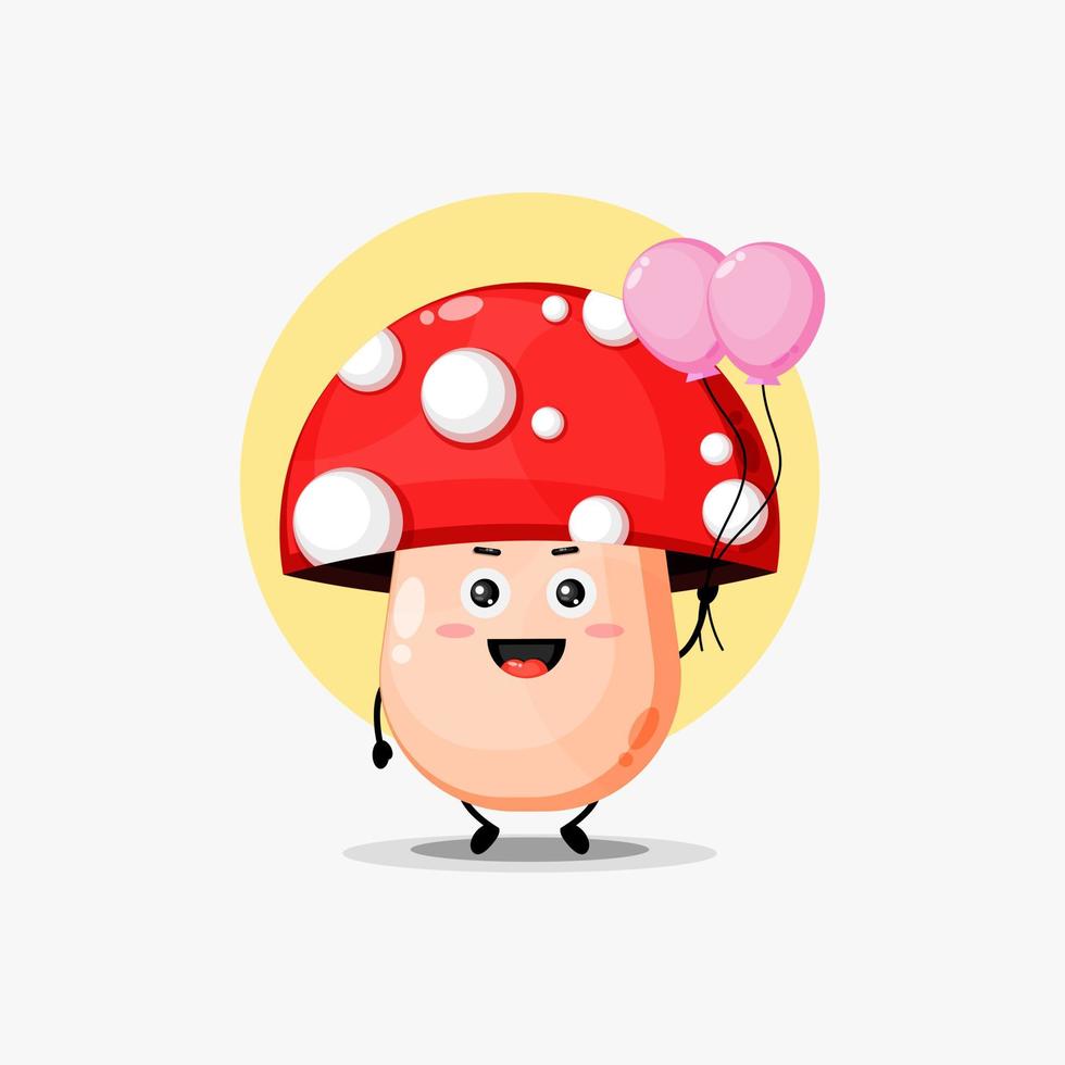 Cute mushroom character carrying balloon vector