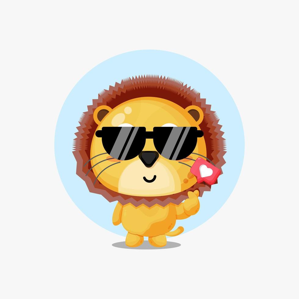 Cute lion with love sign hand cartoon illustration vector