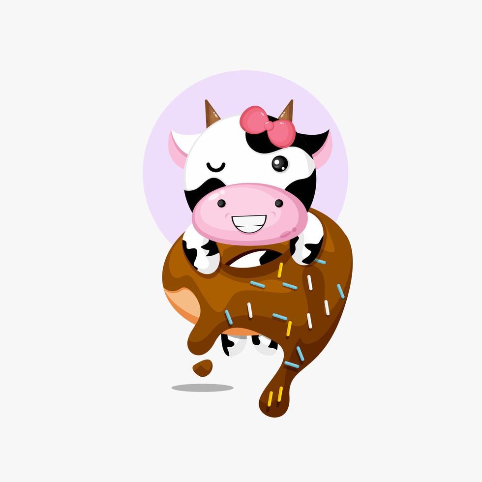 Illustration of cute cow hanging on donut vector