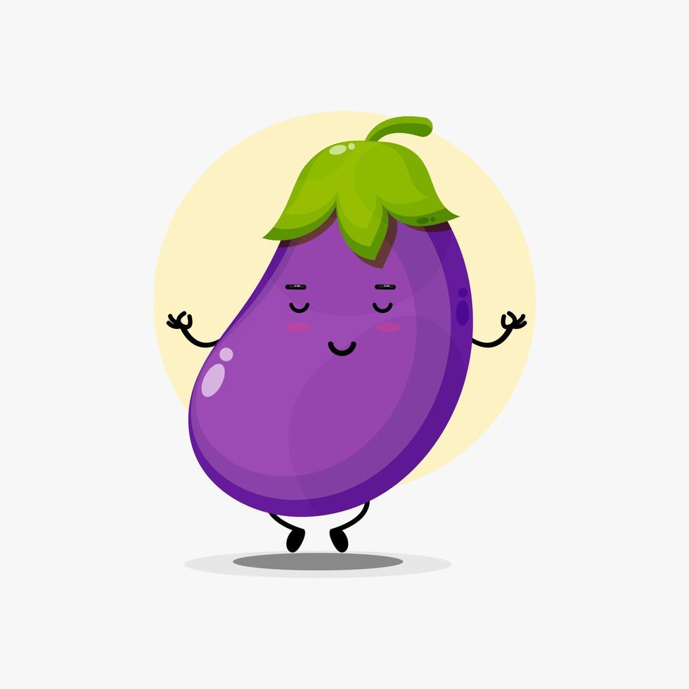 Cute eggplant character meditating in yoga pose vector