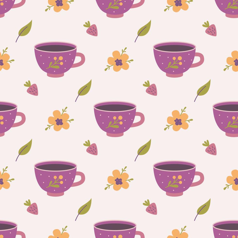 taza con bayas, fresas, flores y plantas, patrón vectorial sin fisuras vector