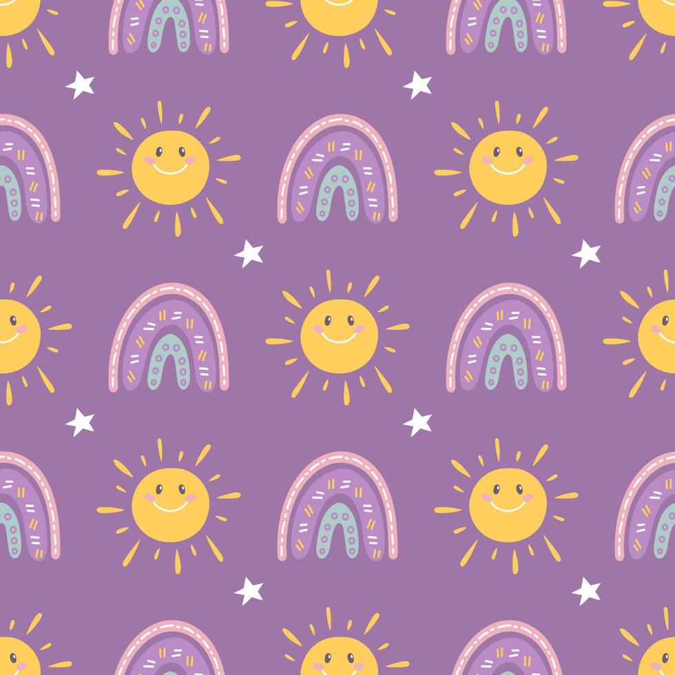 Cartoon sun with rainbow and stars on purple background, vector seamless pattern