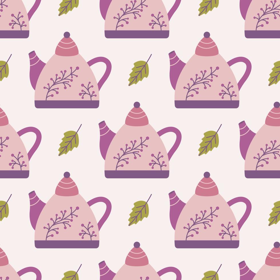 Ceramic teapot decorated with twig with berries, vector seamless pattern on pink background