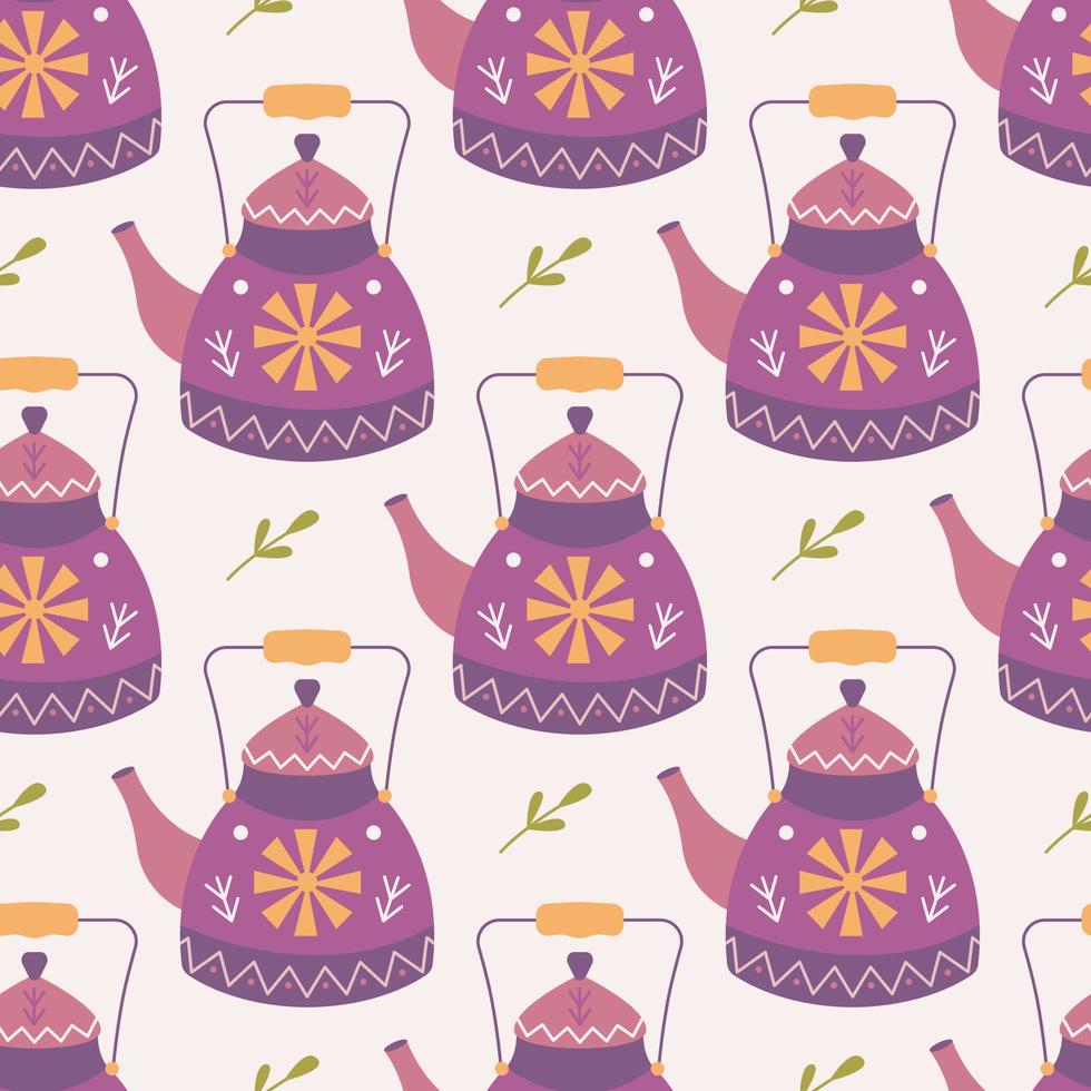 Teapot with ornament, plants, vector seamless pattern on pink background