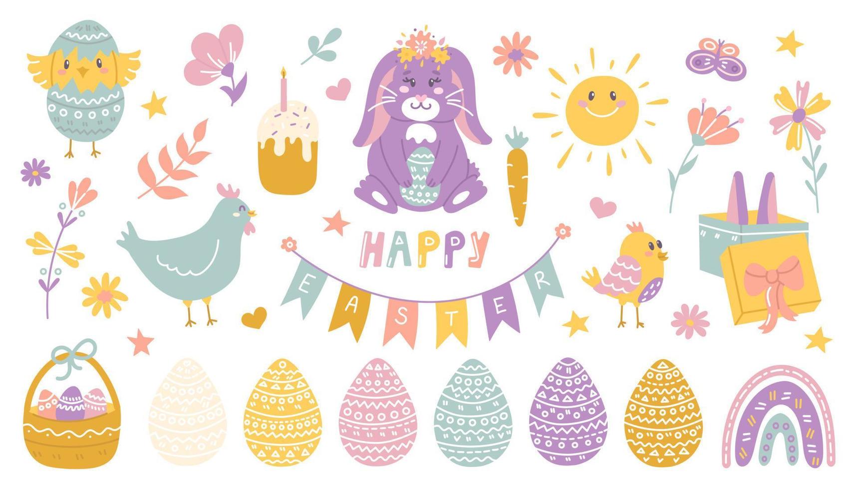 Felices Pascuas. conjunto de lindos personajes de dibujos animados y elementos de diseño. huevos de pascua, conejo, pollo y flores. ilustración plana vectorial vector