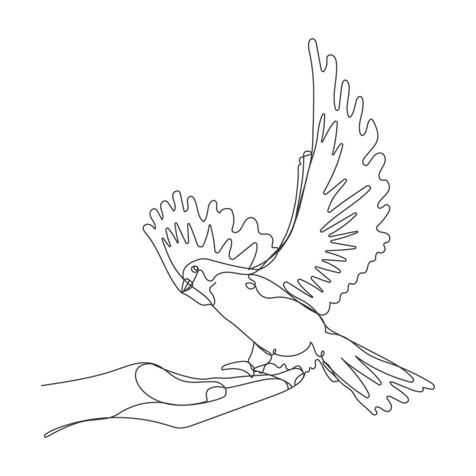 Pigeon drawn with one continuous line, vector illustration of dove of the world on white background