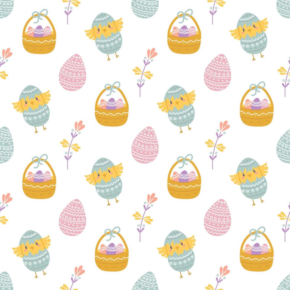 Easter eggs in basket, chicken with flowers, vector seamless pattern on white background