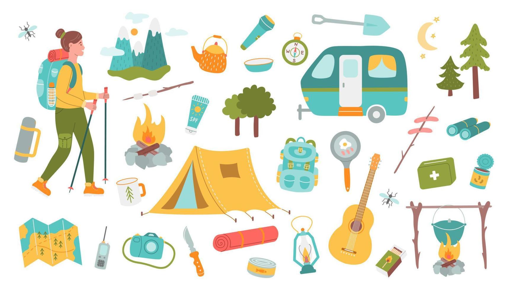 conjunto de elementos para camping y senderismo, equipos y herramientas de senderismo. remolque, carpa, fogata. ilustración plana vectorial vector