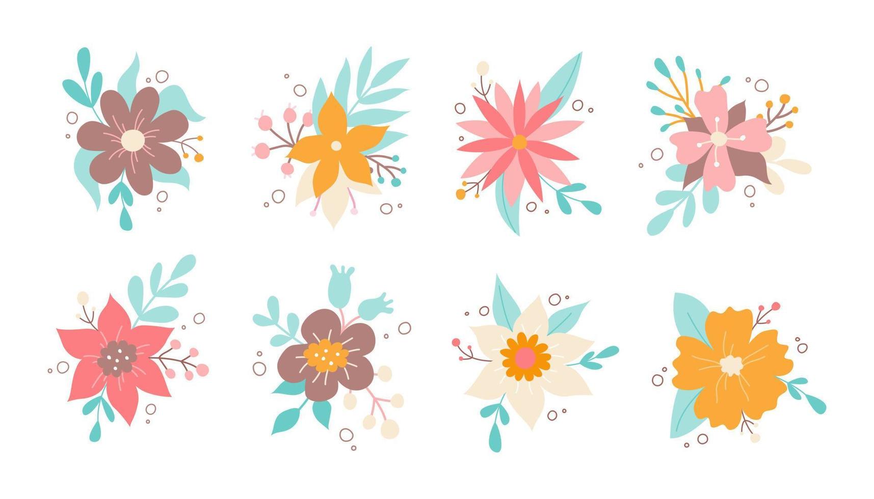 Set of decorative floral design elements. Spring and summer flowers. Colorful flat vector illustration