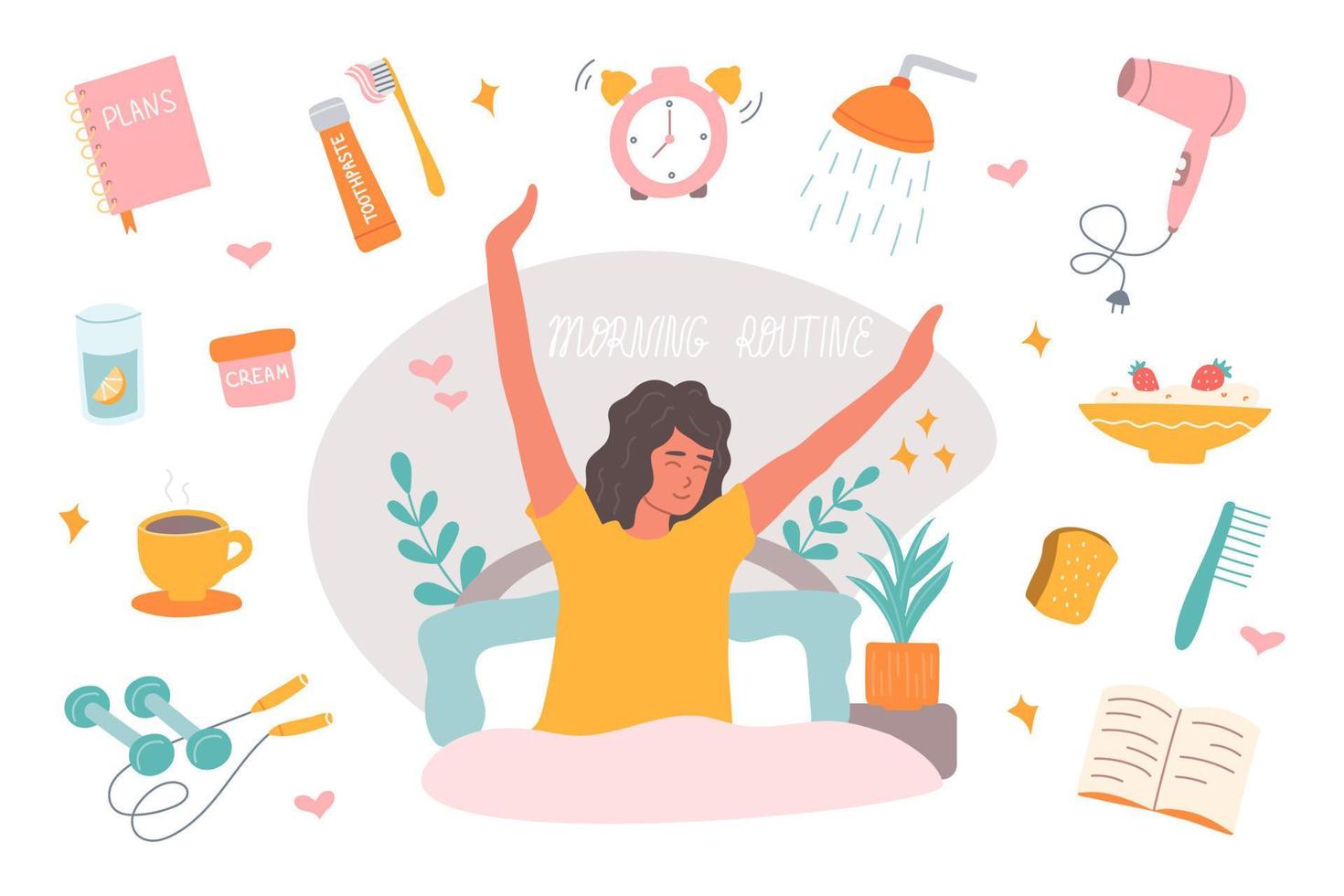 Morning routine consists of cup of coffee, an alarm clock, breakfast, fitness, shower. Girl in bed stretches with smile on her face. Woman self care concept. Vector illustration in flat style