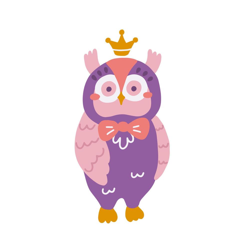 Cute owl with crown and bow, vector illustration in hand drawn style