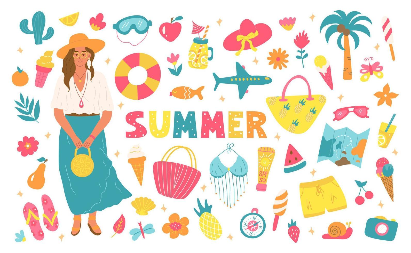 Set of bright summer elements, vacation on the beach, weekend, trip to the sea. Girl in summer clothes, drinks,pineapple, flowers, lemonade, clothes. Vector illustration for poster design, postcards