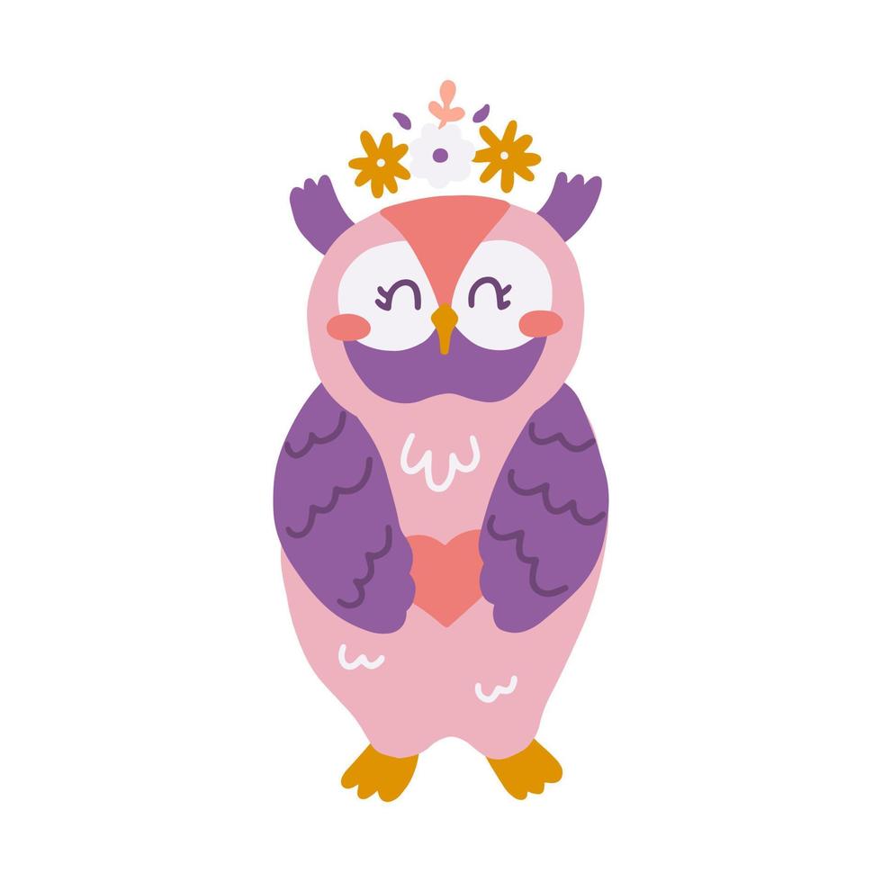 Cute owl in love with flowers and heart, vector illustration in hand drawn style