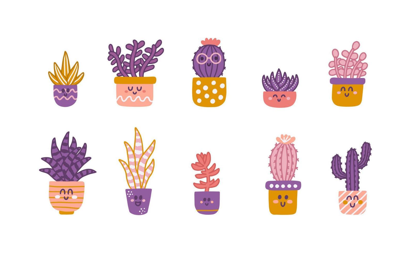 Set of cute cartoon cacti and succulents with funny faces in pots. Vector flat illustration