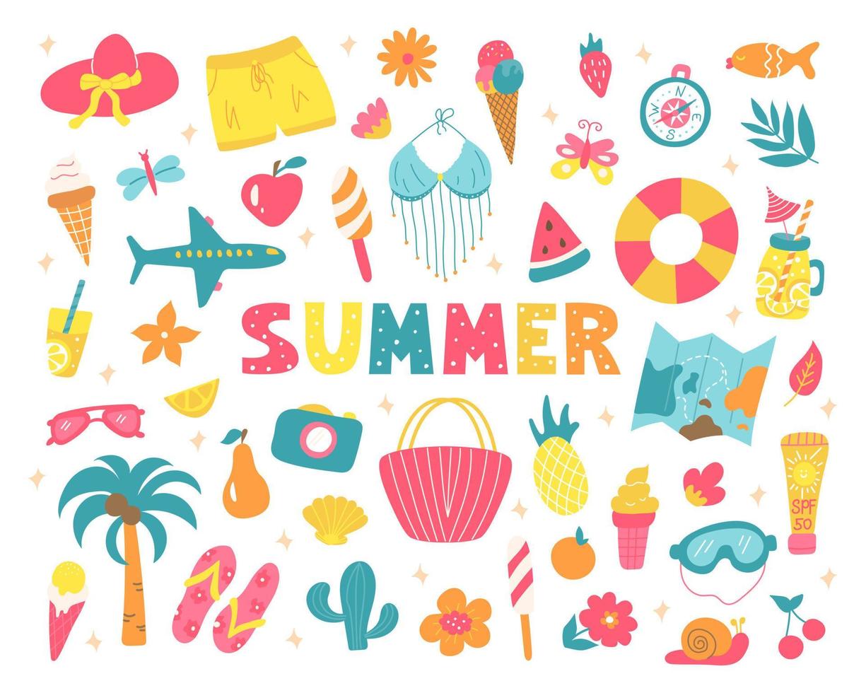 conjunto de elementos de verano brillantes, vacaciones en la playa, fin de semana, viaje al mar. bebidas, piña, flores, limonada, ropa. ilustración vectorial para el diseño de carteles, postales, álbumes de recortes vector