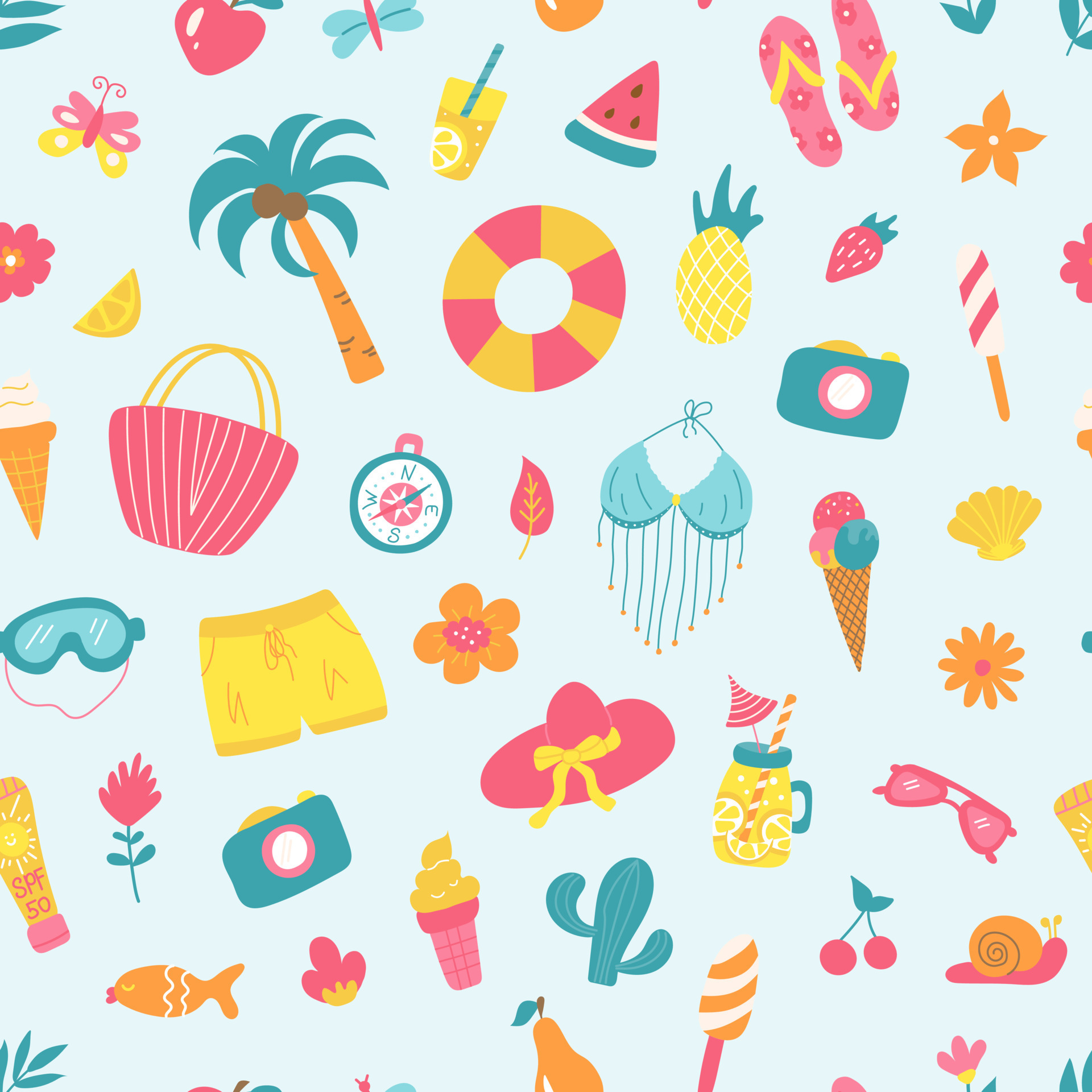 Summer seamless pattern with clothes, palm tree, fruit and ice cream ...