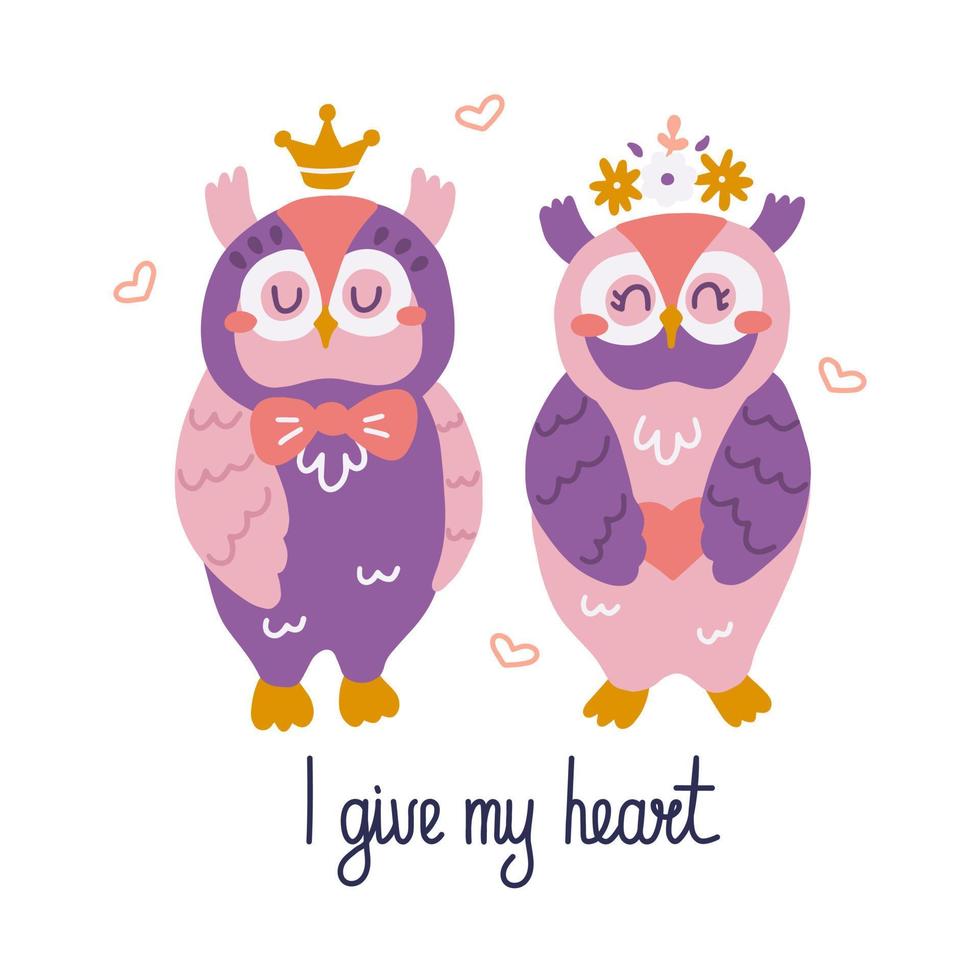 Cute lovesick owls with hand lettering I give my heart. The concept of love for Valentines Day greeting cards vector