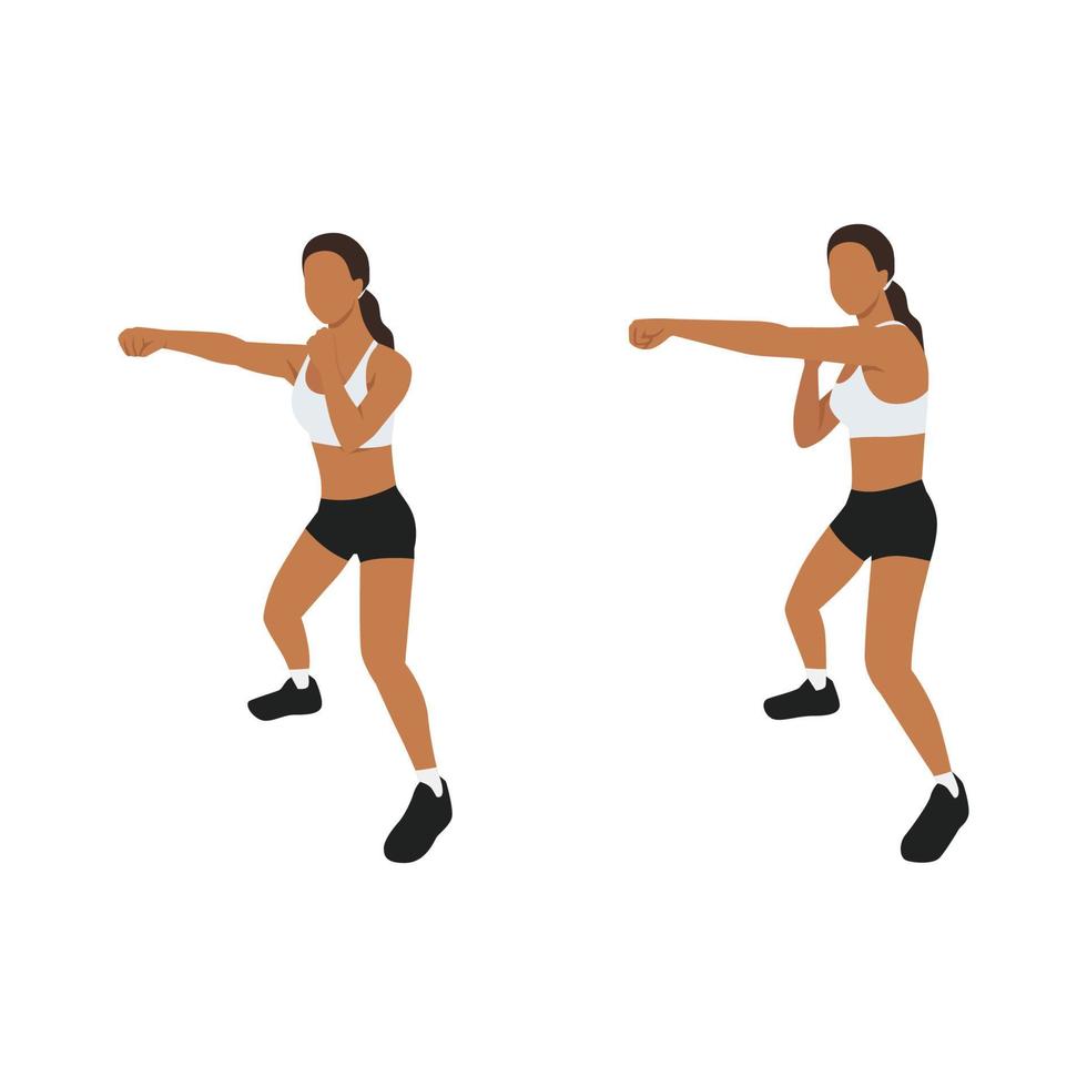 Woman doing Half squat jab cross exercise. Flat vector illustration isolated on white background