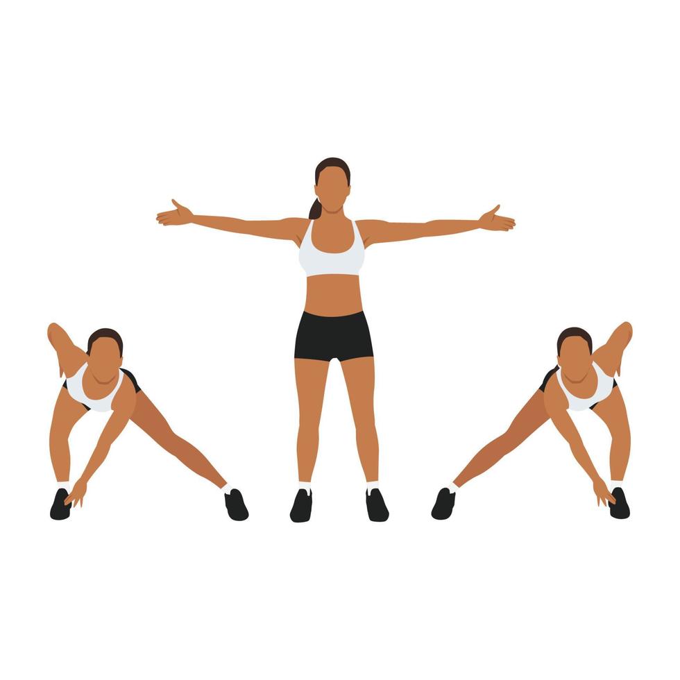 Woman doing Arms cross side lunge exercise. Flat vector illustration isolated on white background