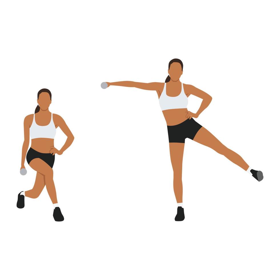 Woman doing Curtsy lunge side kick lateral raise exercise. Flat vector illustration isolated on white background