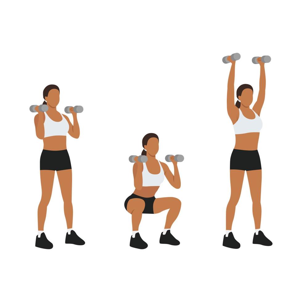 Woman doing Dumbbell thrusters. Squat to overhead press exercise. Flat vector illustration isolated on white background