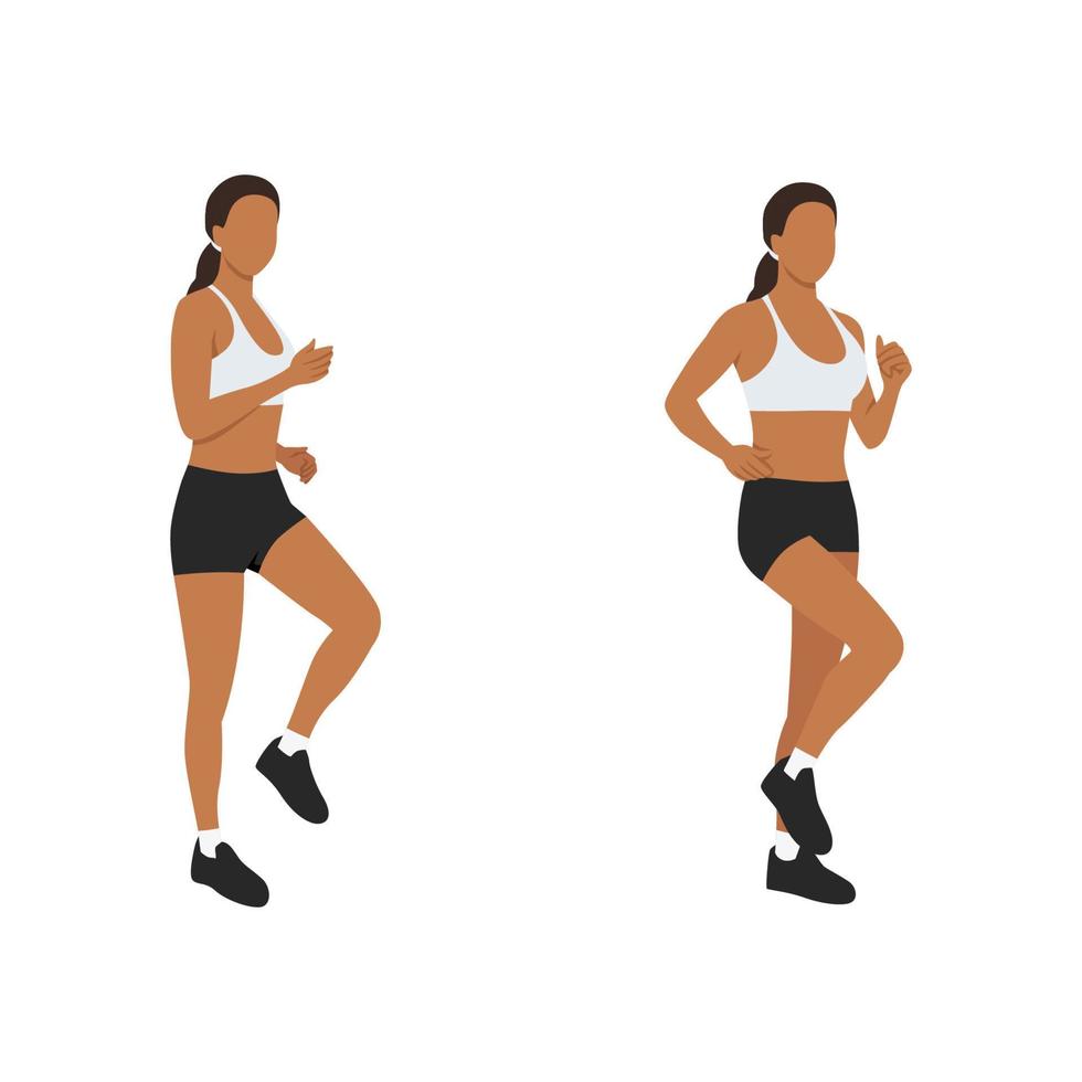 Woman doing march in place exercise. Flat vector illustration isolated on white background