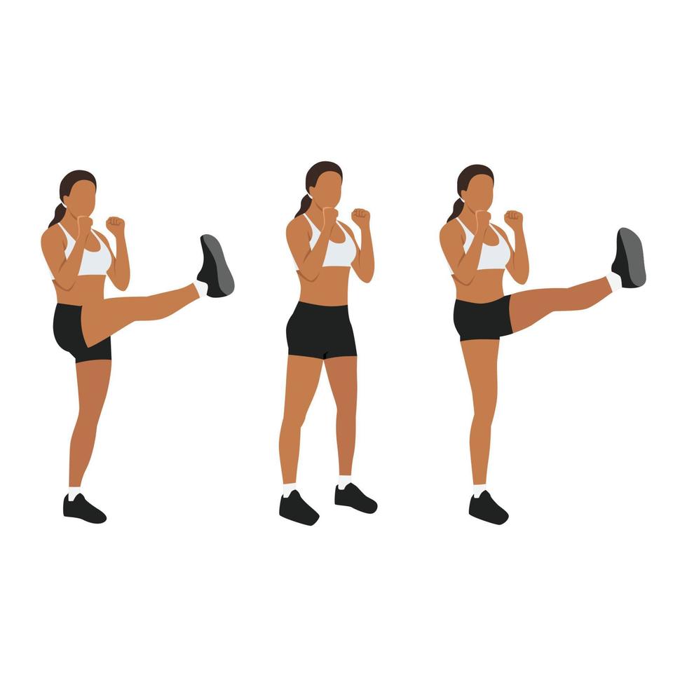 Woman doing High kicks exercise. Flat vector illustration isolated on white background