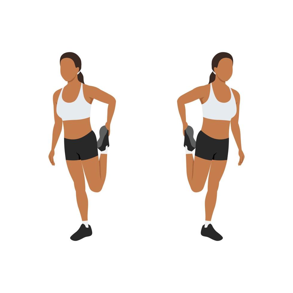 Woman doing Standing quad stretch exercise. Flat vector illustration isolated on white background