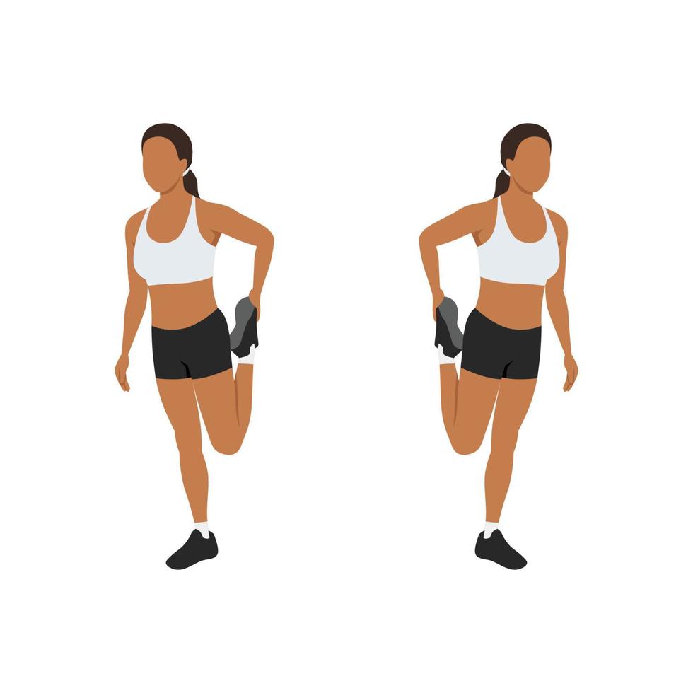 Woman doing Standing quad stretch exercise. Flat vector illustration isolated on white background