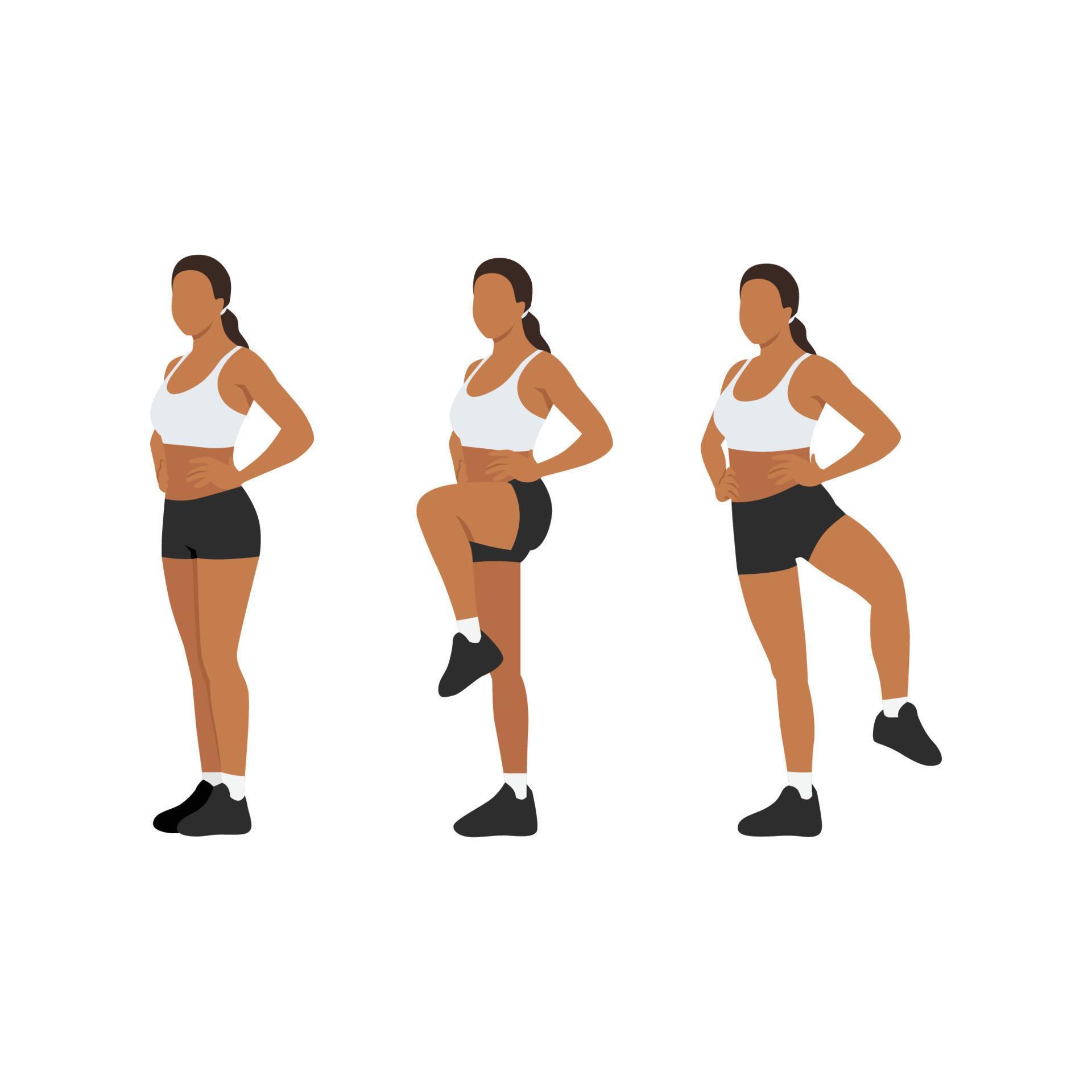 Woman doing standing open the gate or dynamic stretches gate openers 