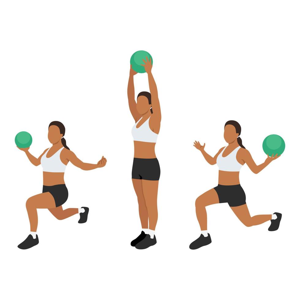 Woman doing Reverse lunge medicine ball overhead press exercise. Flat vector illustration isolated on white background