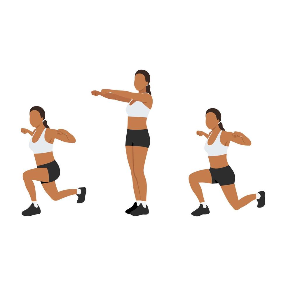 Woman doing shoulder squeeze reverse lunge exercise. Flat vector illustration isolated on white background