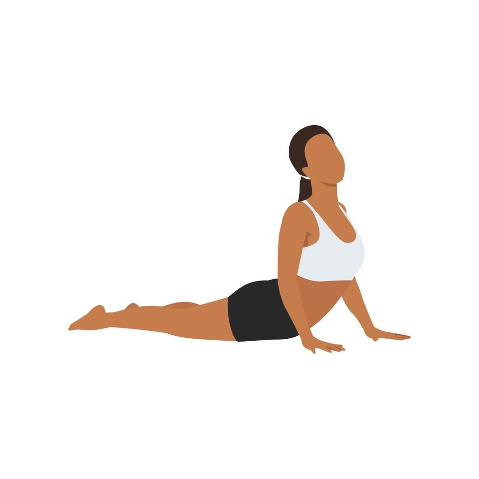 Woman doing Cobra pose or Bhujangasana exercise. Flat vector illustration isolated on white background