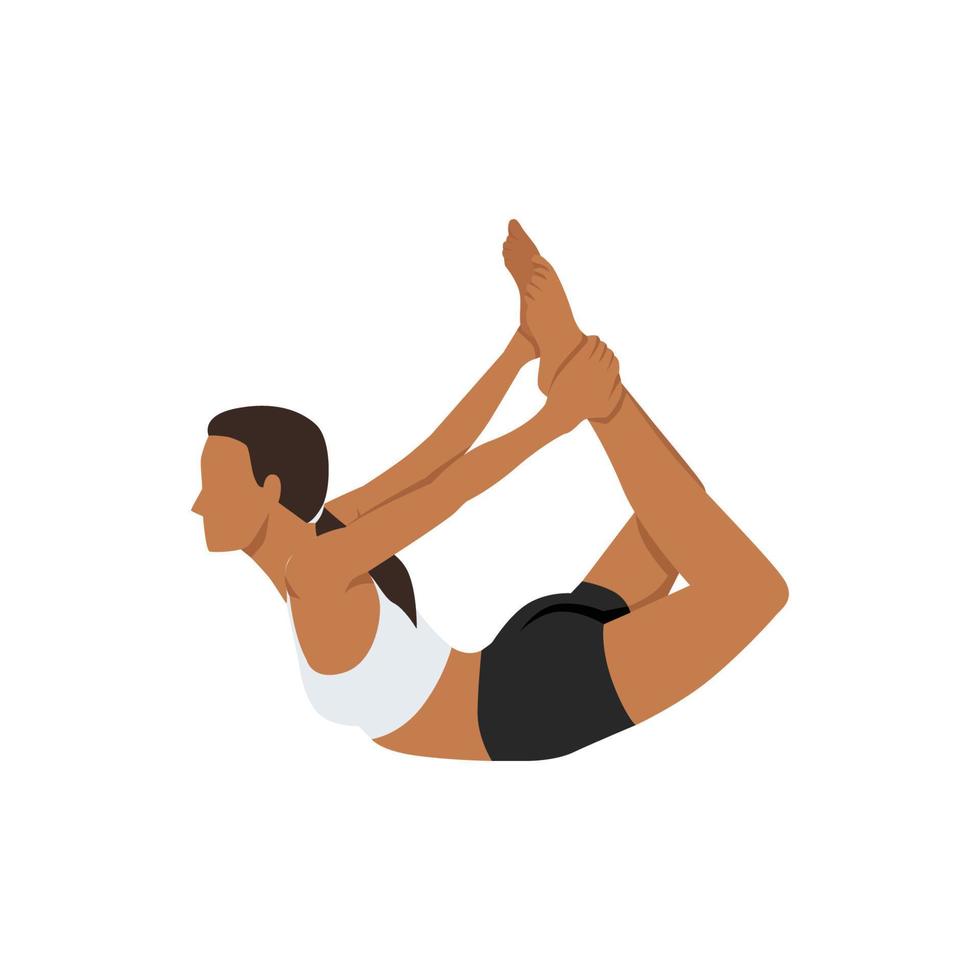 mujer haciendo pose de yoga, dhanurasana arco pose asana en hatha yoga ilustración vectorial plana aislada sobre fondo blanco vector