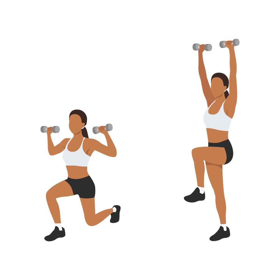 Woman doing Reverse lunge shoulder press exercise. Flat vector illustration isolated on white background