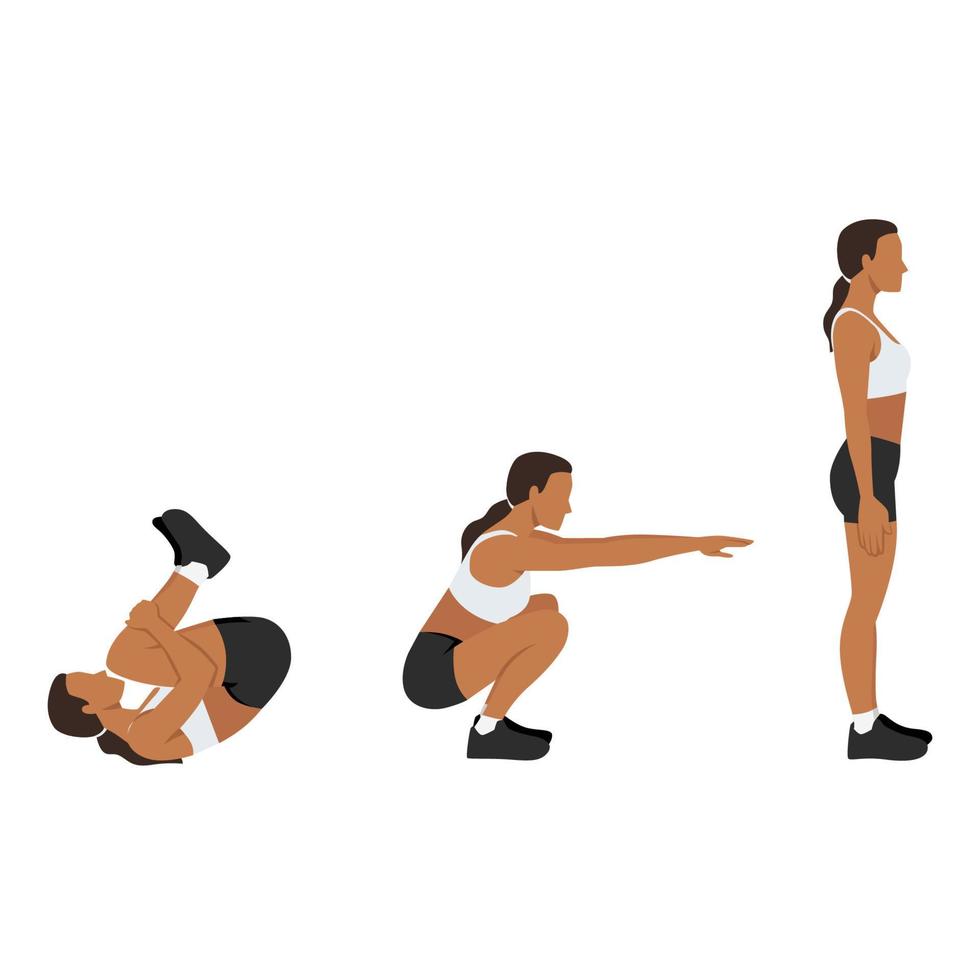 Woman doing rolling squat exercise. Flat vector illustration isolated on white background