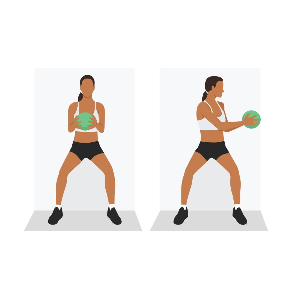 Woman doing Medicine ball Wall sit rotation exercise. Flat vector illustration isolated on white background. workout character set