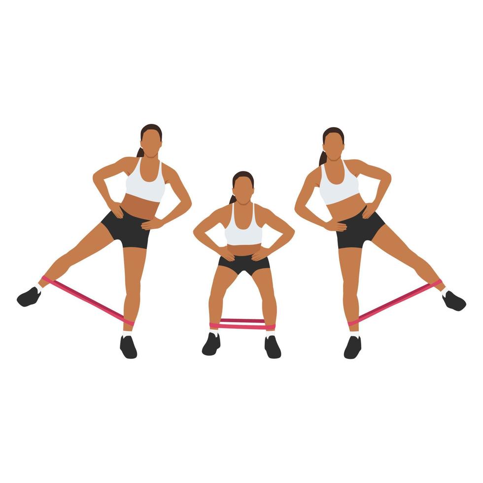 Woman doing Resistance band squat leg abduction exercise. Flat vector illustration isolated on white background