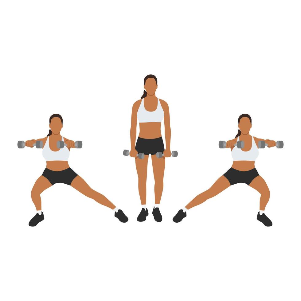 Woman doing Side lunge front raise exercise. Flat vector illustration isolated on white background