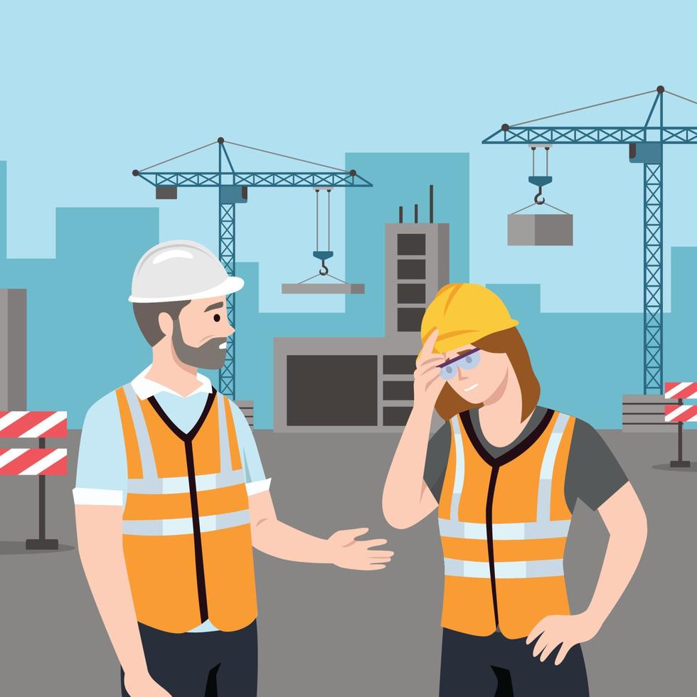 Builders and engineers background. Cartoon factory workers and business characters at construction. Vector illustration team management worker man and woman