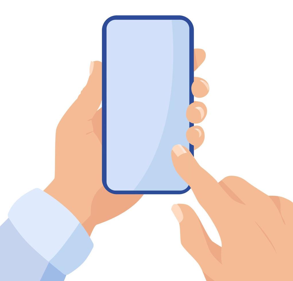 A man holds a smartphone in his hands and uses a empty screen. vector