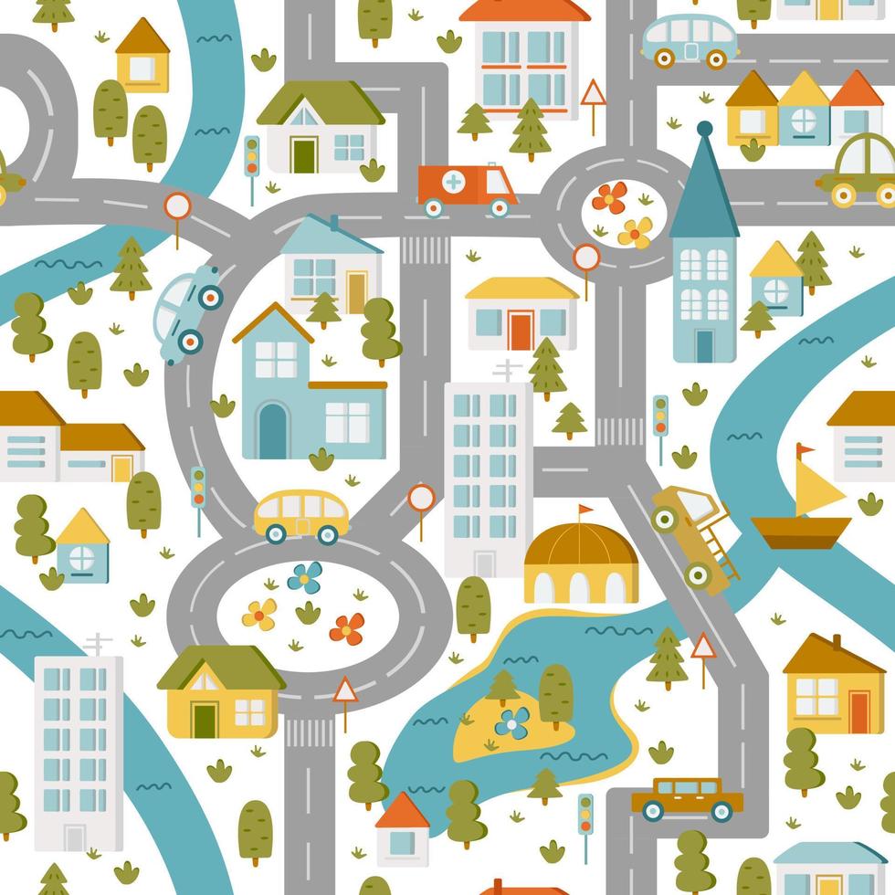 Color map town. Children's game board. Flat vector seamless pattern.