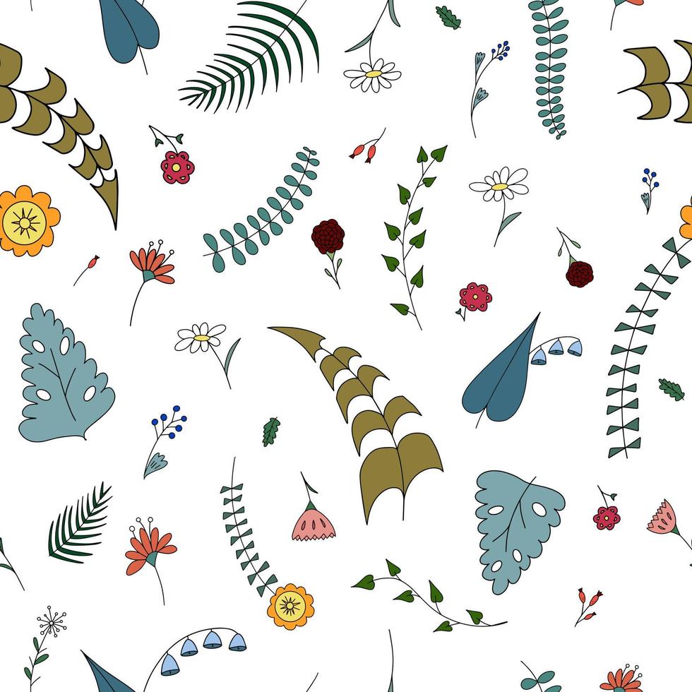 Doodle meadow flowers and leafs set. Colores vector floral icons ...