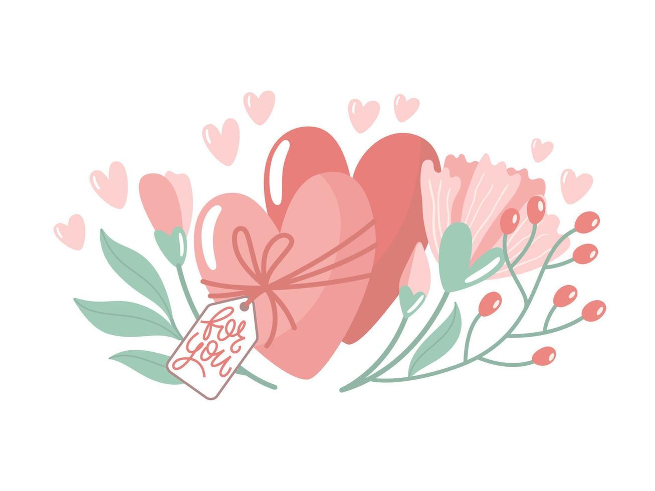 Vector illustration for Valentine day. Two hearts with flowers on white background. Creative greeting card with hand-drawn decorative elements.